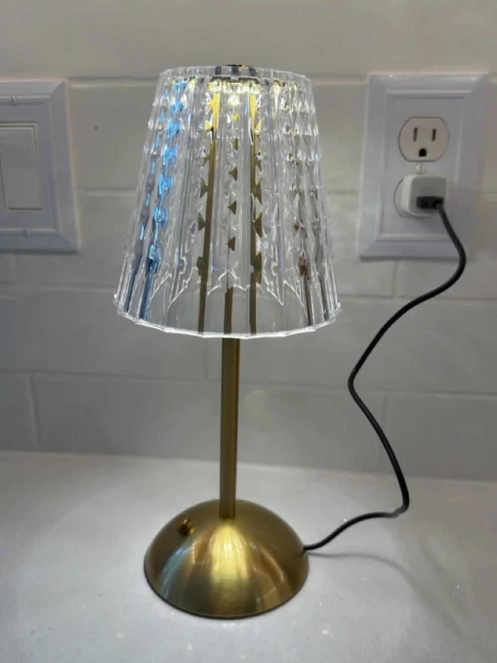 Brass Table Lamp with Clear Faceted Shade